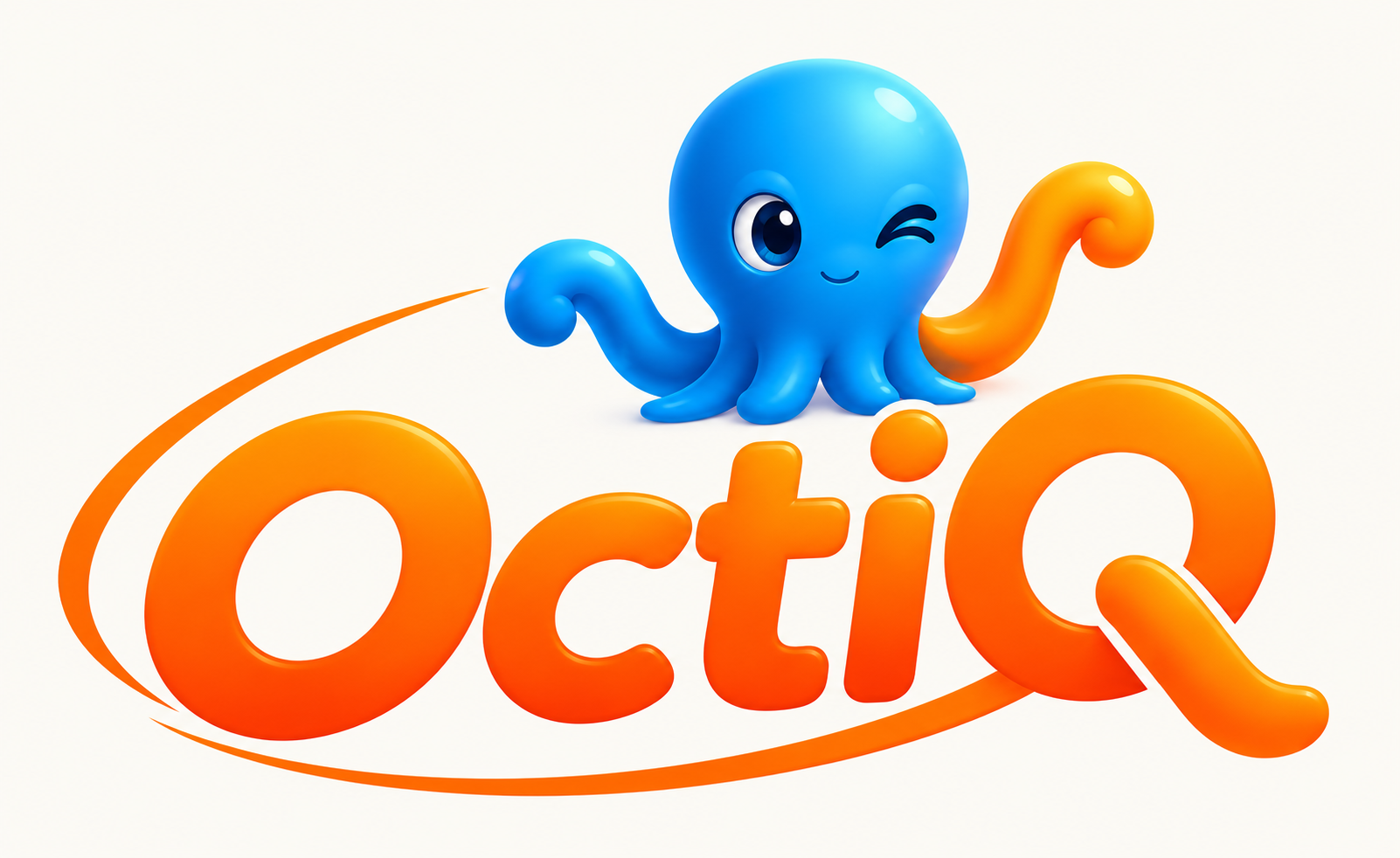 شعار OCTIQ عالي الدقة مع شخصية الأخطبوط الزرقاء واللمسة البرتقالية